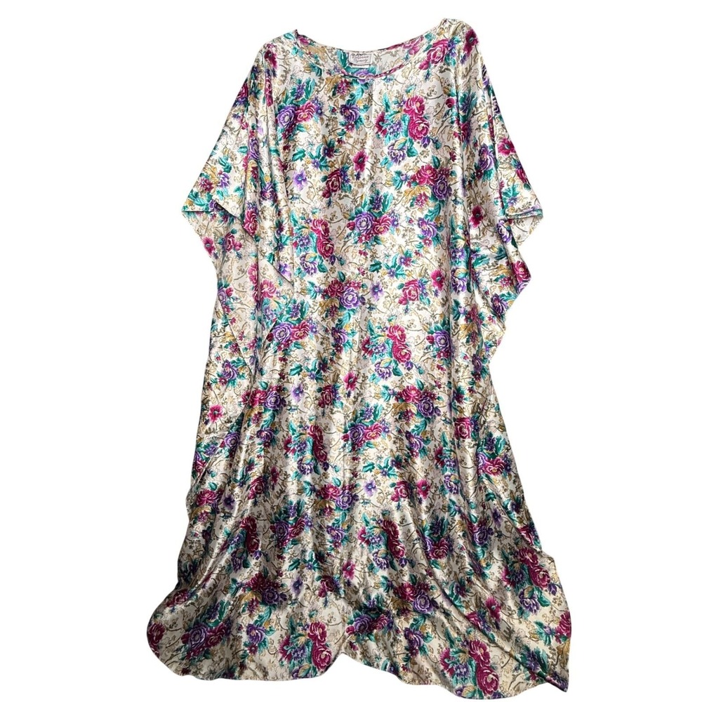 California Dynasty Vintage Floral Satin Kaftan Lounger One Size Made in USA